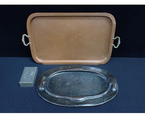 A NEWLYN STYLE HAND HAMMERED COPPER TRAY41cm long, with a factory-made hammered copper tray and a pewter covered cigarette bo