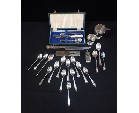 AN ART DECO STYLE SILVER CHRISTENING MUGa silver egg cup, and other small silver