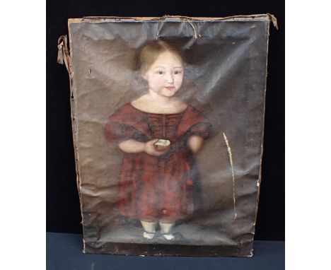 EARLY 19th CENTURY SCHOOL: A PORTRAIT OF A YOUNG GIRL EATING AN APPLEoil on canvas, unframed (damaged)
