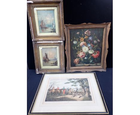 A PAIR OF EDWARDIAN MARITIME SCENESoil on board, framed, 43 x 39cm, an oil on board flower painting, and a hare hunting print