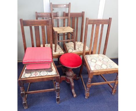 FOUR 1920s OAK DINING CHAIRSwith drop-in seats, a Victorian piano stool,  a footstool, and a child's chair