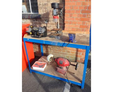 A 'PERFORMANCE' PILLAR DRILL, A GRINDERof the same make, both mounted on a metal-framed bench, fitted with a Record vice, and