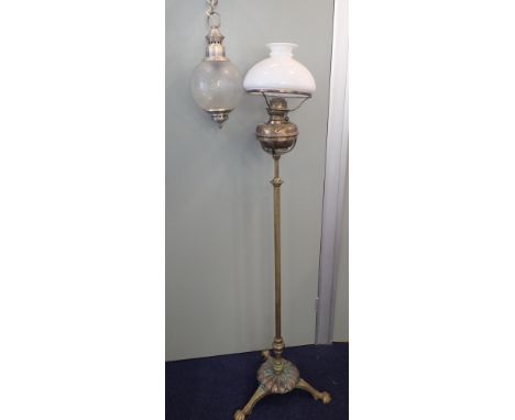 A VICTORIAN BRASS STANDARD LAMPand a modern hanging light with etched shade (2)