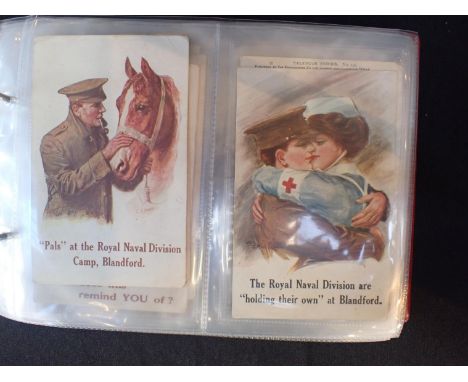 AN ALBUM OF BLANDFORD CAMP MILITARY POSTCARDSincluding WWI embroidered silk handkerchief, WWI trench exercises, Naval Camp in