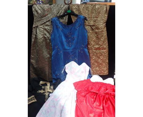 A VINTAGE CHAVENT GOLD SATIN DRESSa vintage blue embroidered dress, four other vintage dresses and a Moroccan djellaba (7)