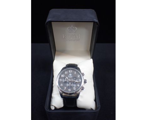 ROYAL LONDON: A GENTLEMENS' CHRONOGRAPH STAINLESS STEEL WRISTWATCHwith quartz movement, the black dial with luminous Arabic n