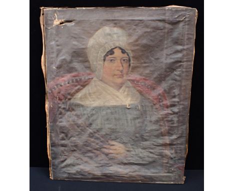 EARLY 19TH CENTURY SCHOOL: A PORTRAIT OF A LADY WEARING A BONNEToil on canvas, unframed (damage)
