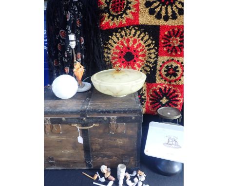 A METAL BOUND TRUNKwith cast iron scales, 1930s lights, clay pipes, wool rug and other items.