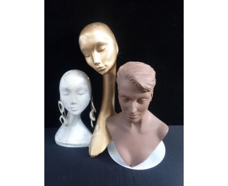 A VINTAGE MALE SHOP DISPLAY HEADon metal base, and two female display heads (one with long neck a/f)