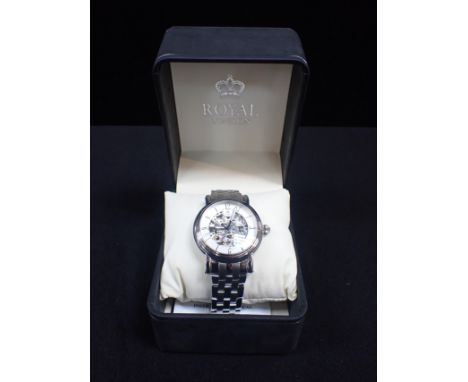 ROYAL LONDON: A GENTLEMEN'S STAINLESS STEEL BRACELET WATCHwith automatic movement, the skeleton dial with silver Arabic and b