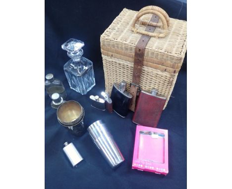 A BACCARAT DECANTER, WITH CANTED CORNERS(chips to stopper), various hip flasks, silver-plated and other beakers, and a basket