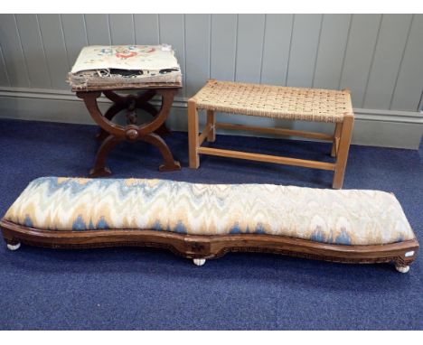 A 19th CENTURY ROSEWOOD 'X' FRAMED STOOLwith wool work top (repaired, a/f), a 19th century long 'coaching' type stool on moul