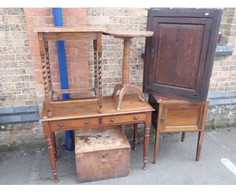 A TWO DRAWER VICTORIAN SIDE TABLEa primitive elm tripod table, and other small furniture (6)