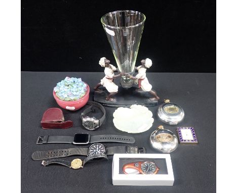 A CHINESE JADE LEAF DISH11cm wide (damaged), a reproduction blackamoor supported vase, a Halcyon Days millennium travel clock