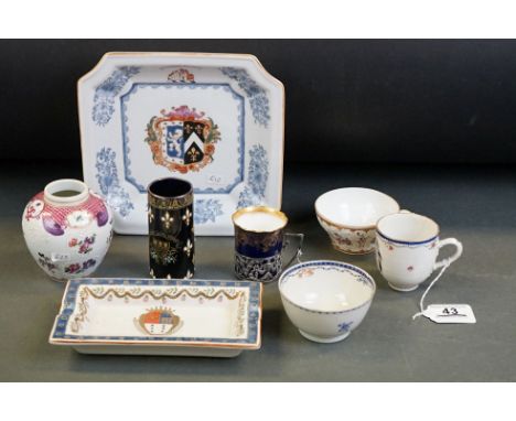 Group of mixed ceramics to include a late 18th / early 19th century teacup &amp; tea bowl with crest motifs, Aynsley cobalt b