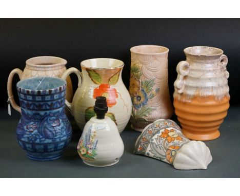 Group of early-to-mid 20th century ceramics, 7 pieces, to include a Charlotte Rhead for Crown Ducal baluster vase with tube l