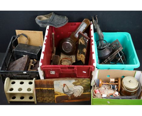 Large quantity of mixed collectables to include a turned wooden bobbin holder / pin cushion, material bobbin holder / pin cus
