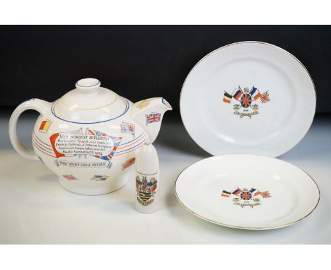 Crown ducal "Liberty And Freedom War Against Hitlerism" 1939 teapot &amp; cover, approx 15cm high, together with a pair of Gr