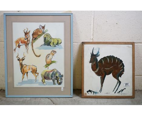 George Meakin, Watercolour of Six Animals including Rhino, Walrus, Kudu, etc, 31cm x 40cm together with Oil Painting of a Bus