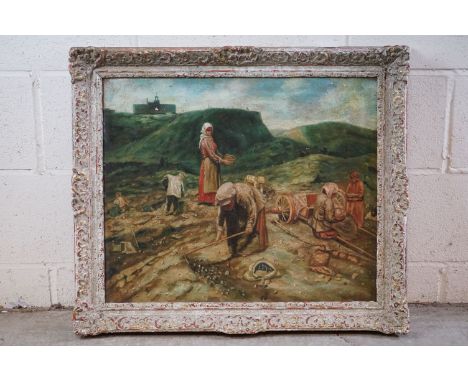 Augustus Cassels, Oil Painting on Canvas of Women and Children doing manual work, signed lower right, 60cm x 49cm, framed 