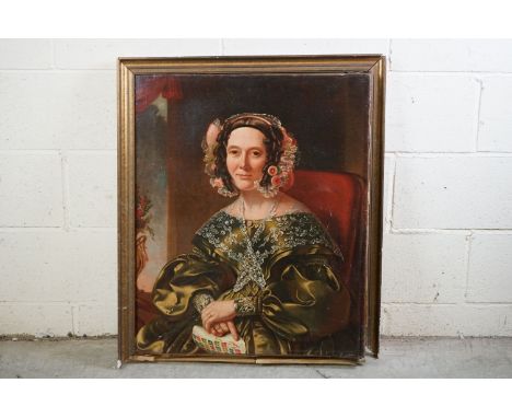 Oil on Canvas Half Length Portrait of a Seated Victorian Lady holding her sewing, unsigned, 63cm x 76cm 