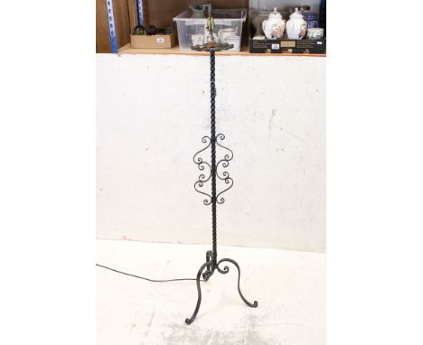 Wrought Iron Twisted Standards Lamp with scrolling decoration and three legs, 146cm high 