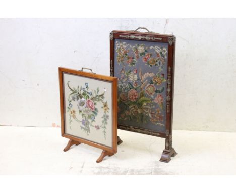 19th century Mahogany Firescreen inset with a floral needlework panel and pull out panel to side, gilt metal mounts,  39cm wi