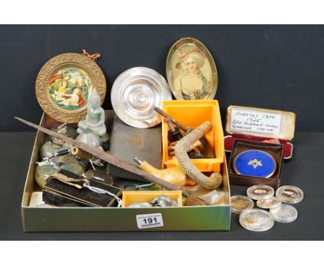 Box of mixed collectables to include a cased Elizabeth II Imperial Service Medal, named to Dorothy Tapp, Just Andersen Danish