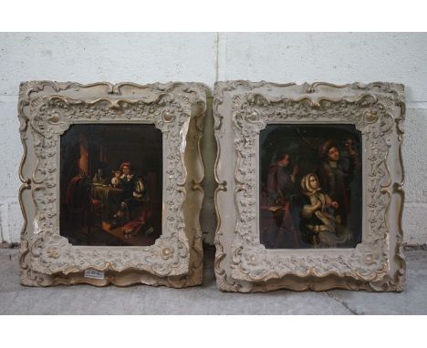 Pair of Continental Oil Paintings on Panel, the first depicting a 17th century Soldier in a Tavern and the other a Doctor wit