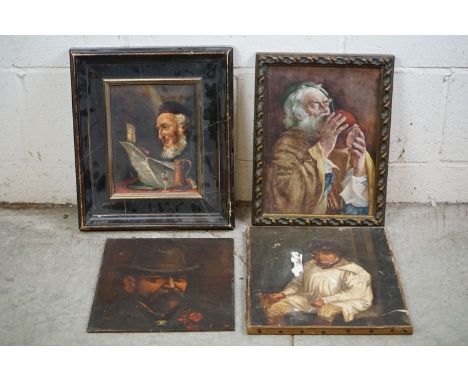 Four Portraits including Oswald Hupert Oil on Panel of a Rabbi reading a newspaper, signed upper left, 18cm x 23cm, 19th cent