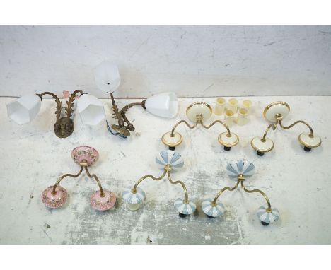 Two Pairs of Ceramic and Gilt Metal Double Arm Wall Lights together with a further similar single wall light and a Pair of Gi