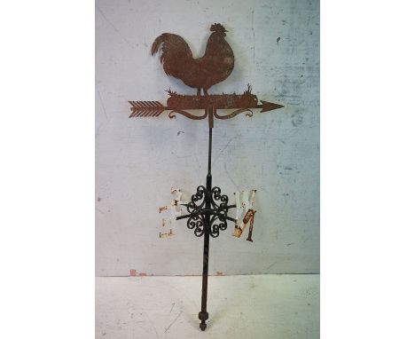 Wrought Iron Part Painted Weather Vane surmounted by a Cockerel, 112cm long 