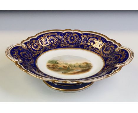 19th century porcelain footed dish with hand painted scene of Lambton Castle, Durham to centre, cobalt blue glazed border wit