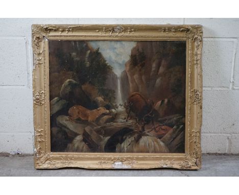 19th / Early 20th century Oil Painting on Canvas, Scottish scene of Hunting Dogs attacking a Stag in a Stream, 59cm x 49cm, o
