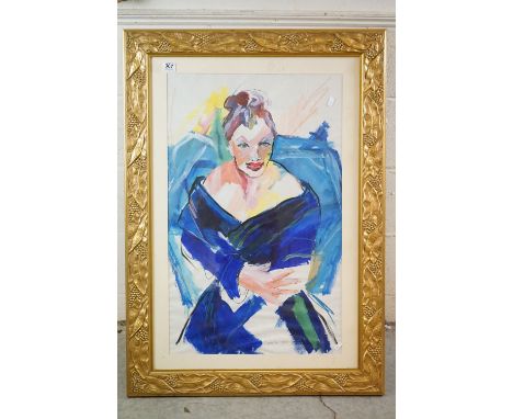 Carola Van Dyke (20th century) Mixed Media Three Quarter Length Portrait of a Seated Lady, signed, 50cm x 80cm, gilt framed a