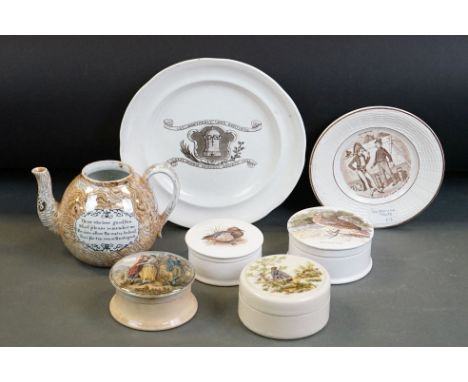 Group of mixed ceramics to include a 19th century storage jar with Prattware 'The Irishman' pot lid (lid appears matched), 10