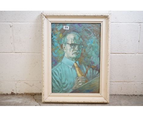 R P Burchell, Oil Painting Portrait of a Man holding an artist's brush titled to verso ' The Sunday Painter ' and dated 1976,