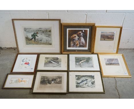 Collection of 10 Sporting Themed Pictures including Henry Wilkinson Signed Limited Edition Fly Fishing Print, Three Tim Howes