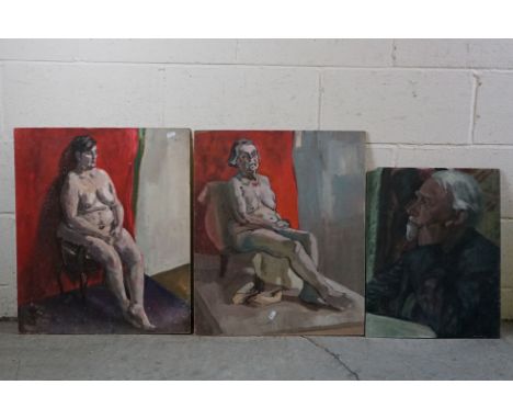Two Unframed 20th century Oil Paintings on Board of Seated Naked Middle Aged Women (both painted to verso) 51cm x 61cm togeth