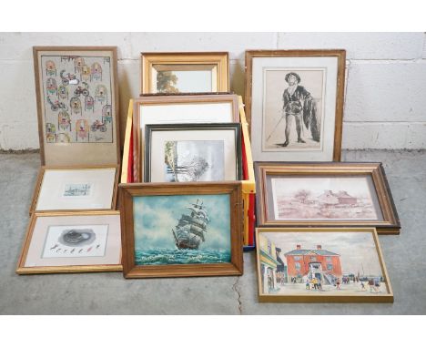 Collection of 13 paintings and sketches, 19th century onwards, to include a 19th century watercolour of a fisherman with brid