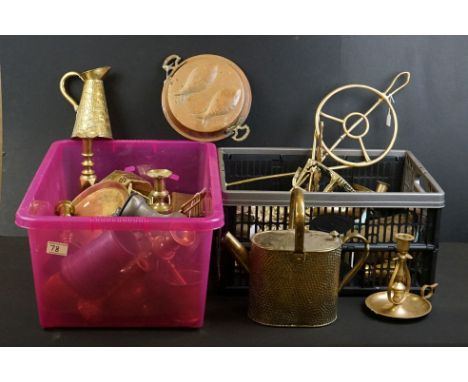 Collection of mixed brassware to include a Joseph Sankey crocodile skin effect jug, 17.5cm high, Arts &amp; Crafts style wate