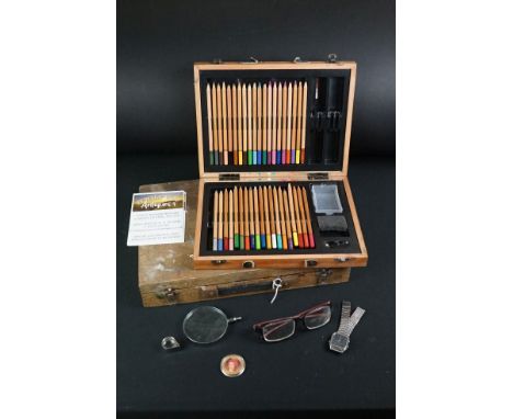 Group of mixed collectables to include a vintage artist's paint box containing a quantity of acrylic paints and paintbrushes,