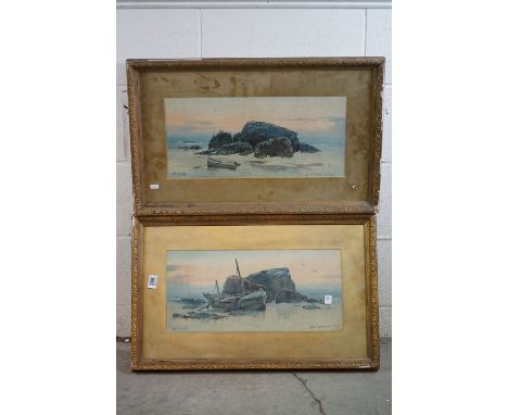 J E King (19th / Early 20th century ), Pair of Watercolours titled Evening Light and Deadmans Reef, 51cm x 23.5cm, gilt frame