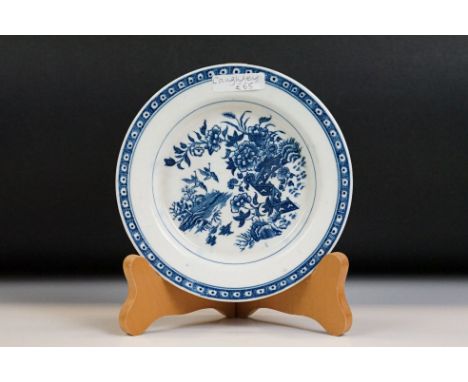 Late 18th Century Caughley blue &amp; white tea plate with Chinese-style floral decoration to centre, geometric border, print