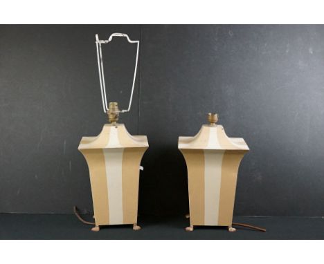 Pair of 20th century painted metal table lamps of square tapering pagoda-like form, with striped design, raised on four paw f