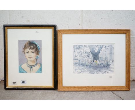 Dennis Gilbert (b.1922) Two Watercolours one being a portrait of a Girl dressed in blue, 15cm x 21cm, the other of a Cafe und