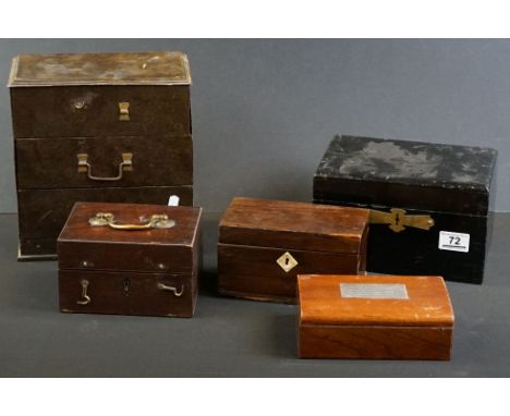 Four vintage wooden boxes to include a mid 20th century cigarette box with Australian silver plaque - cricket interest, inscr