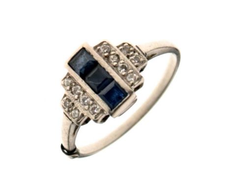 Platinum Art Deco-style, sapphire and diamond cluster ring, the shank stamped 'PLAT', size N, 4.1g gross approx