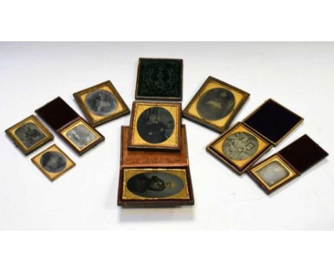 Collection of nine assorted Victorian portrait photographs, assorted sizes and early production methods to include tintype an