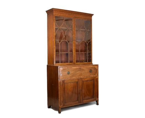 George III inlaid mahogany secretaire bookcase, the upper section with inlaid dog-tooth frieze over ebony and boxwood line in